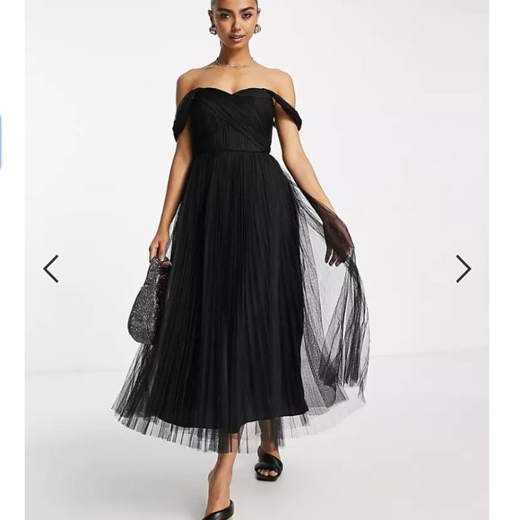 ASOS DESIGN off-shoulder, tulle, midi, tie back, pleated skirt - Black - US 4 - Picture 1 of 4